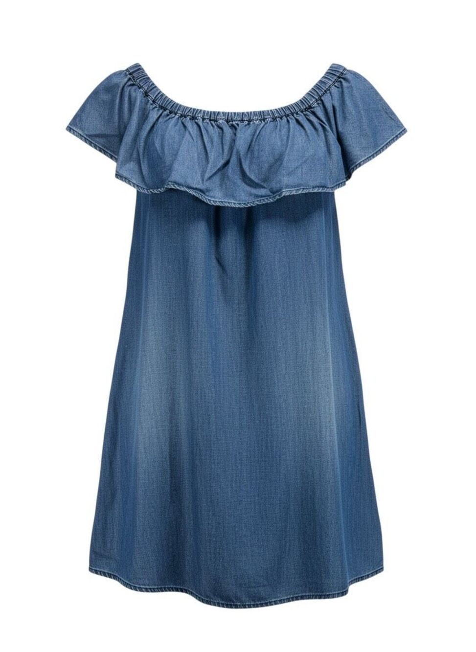 Spoon Jeans Chambray Denim Ruffle Off-Shoulder Mini Dress size M Pockets Tencel